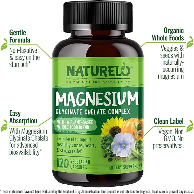 NATURELO Vegan B12 - Methyl B12 with Organic Spirulina - 90 Capsules and Magnesium Glycinate Chelate Complex - 120 Capsules Bundle