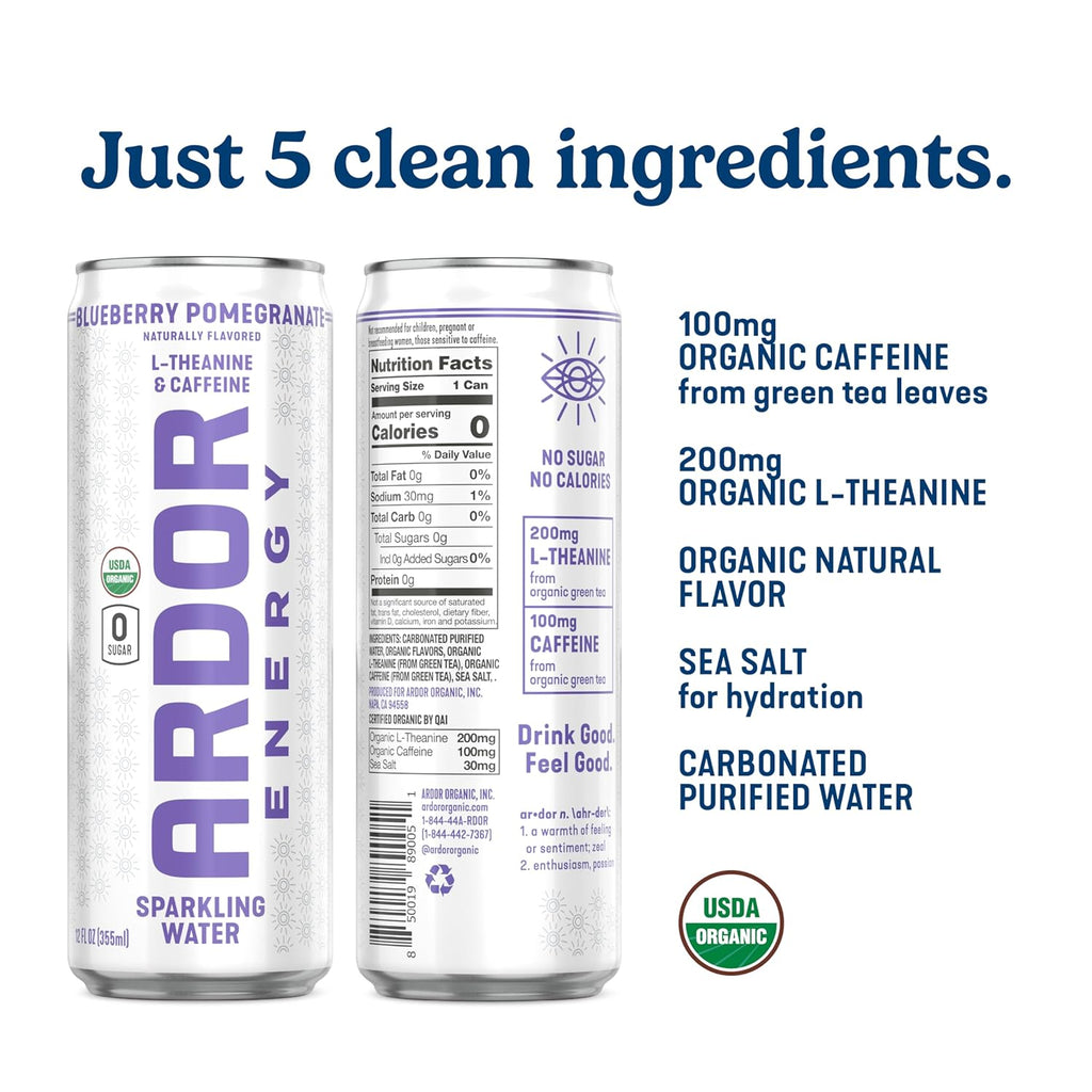 ARDOR ENERGY Sparkling Water with 100mg Natural Caffeine & 200mg L-Theanine from Organic Green Tea for Smooth Energy & Focus | Healthy Energy Drink | No Sugar, Zero Calories, Vegan, Gluten-Free | Blueberry Pom (Pack of 12, 12oz cans)