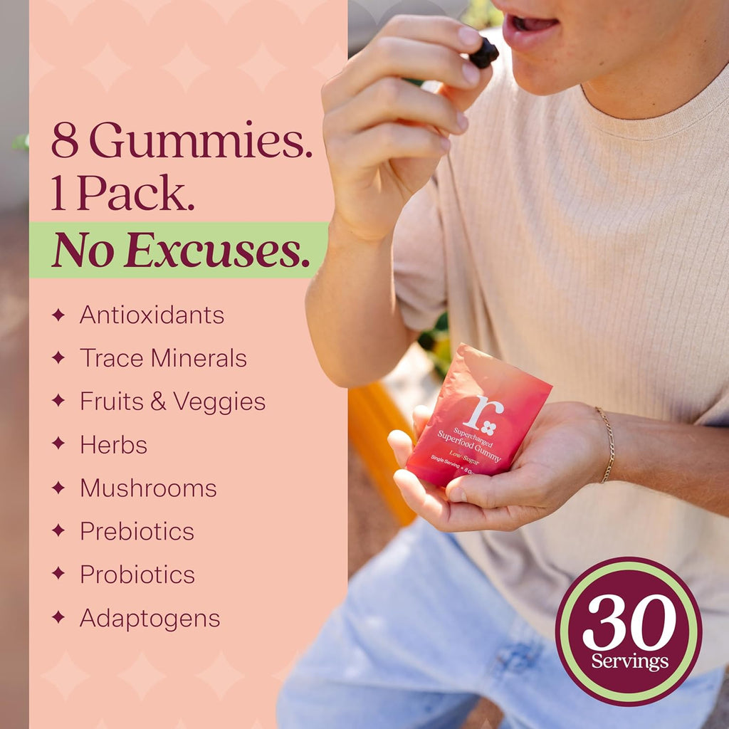 Rizz Low Sugar Green Gummies - 60+ Superfoods 6g Fiber - Prebiotic and Probiotic Gummies - Vegan Multivitamins for Women & Men - Gluten Free - Mushroom, Fruit and Vegetable Supplements - 30 Day Supply