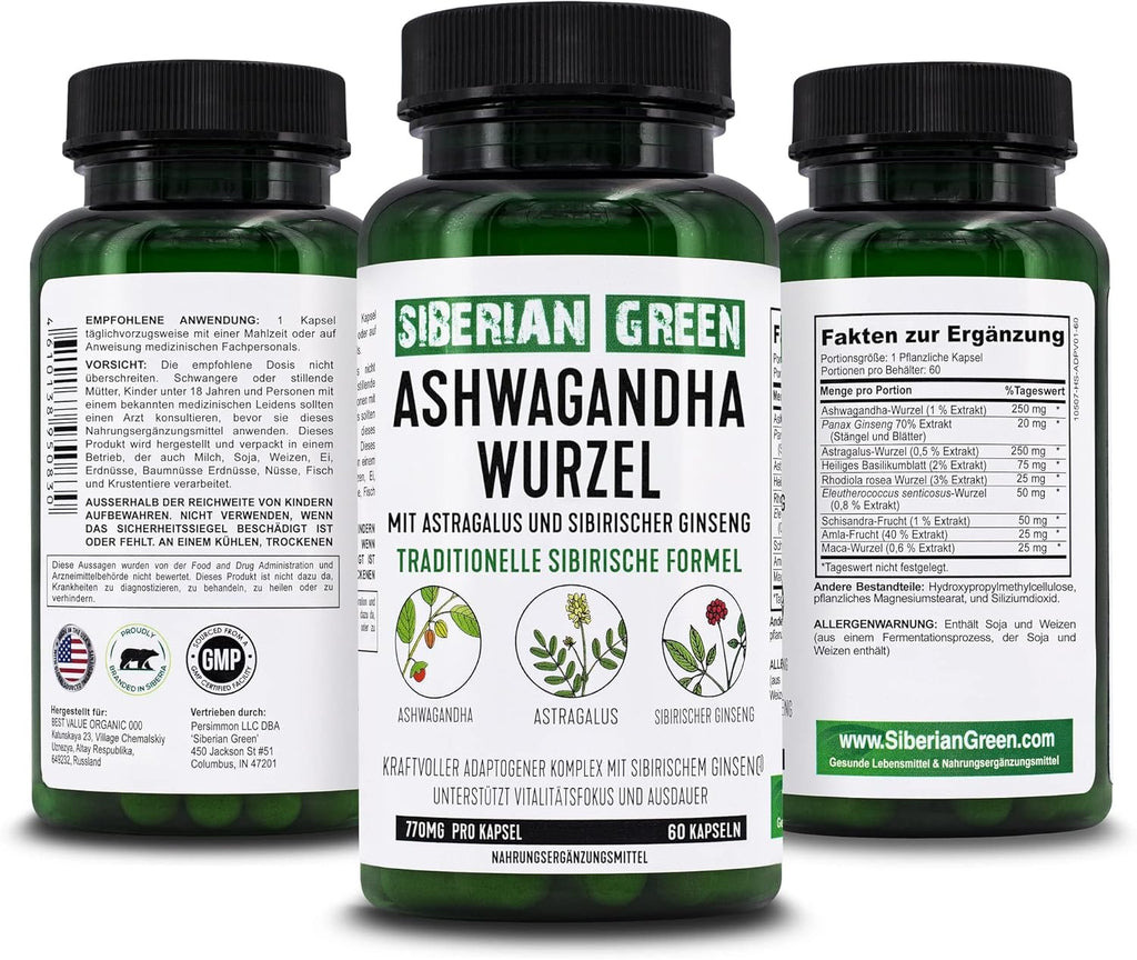 Organic Ashwagandha Root with Astragalus & Siberian Eleuthero Ginseng Complex 60 Capsules Powerful Herbal Support
