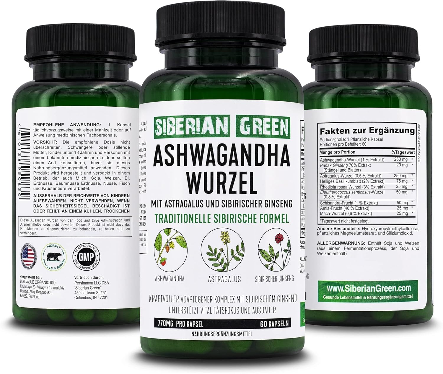 Organic Ashwagandha Root with Astragalus & Siberian Eleuthero Ginseng Complex 60 Capsules Powerful Herbal Support