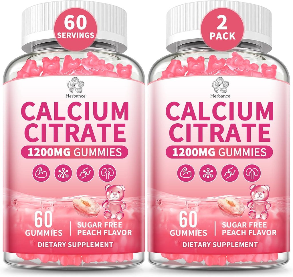 Calcium Citrate Gummies 1200 mg for Adults, High Absorption Pure Calcium Supplement for Women & Men, Sugar Free, Non-GMO, Gluten Free, Supports Muscle & Immune - Natural Peach Flavor, 120 Gummies