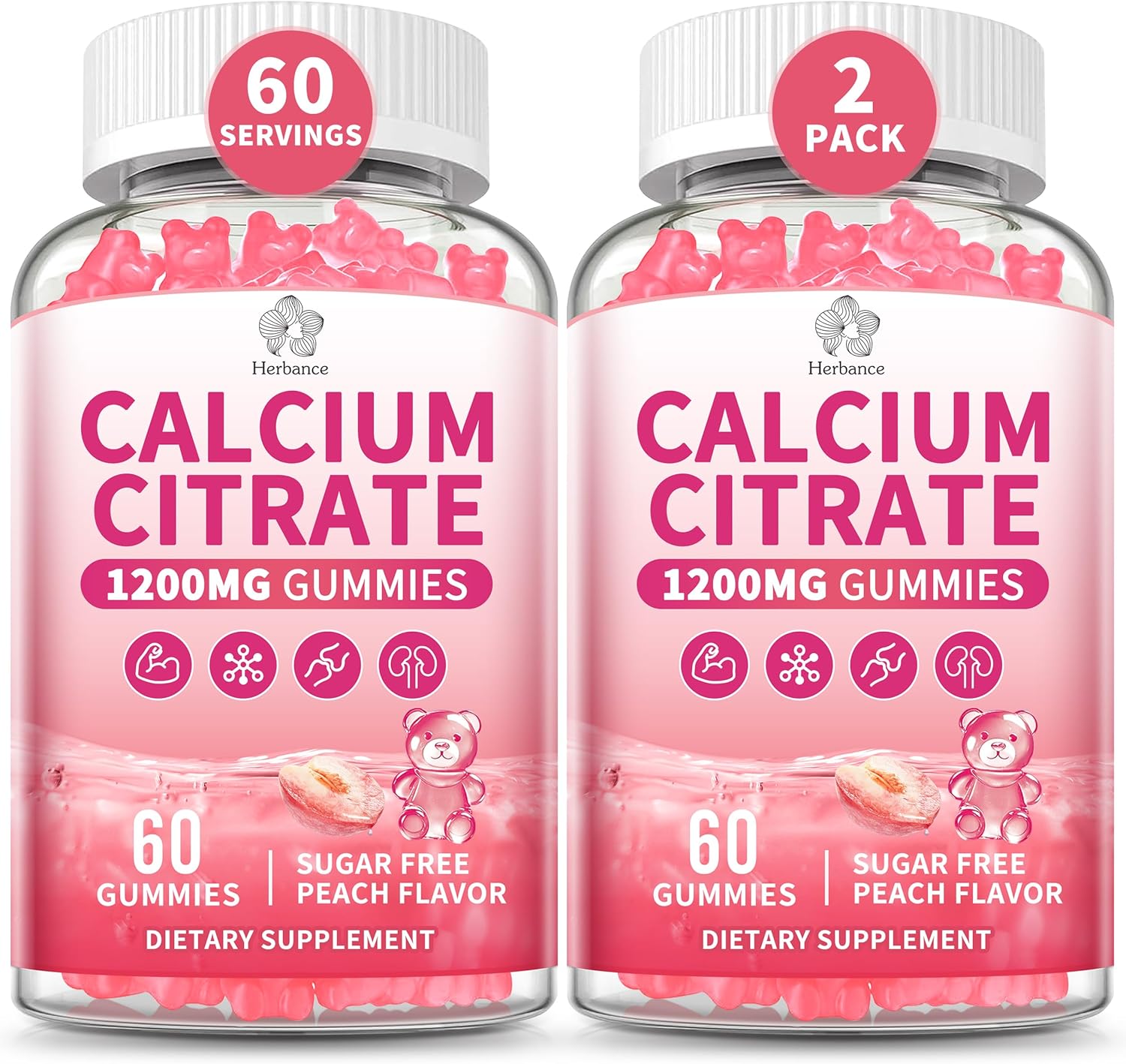 Calcium Citrate Gummies 1200 mg for Adults, High Absorption Pure Calcium Supplement for Women & Men, Sugar Free, Non-GMO, Gluten Free, Supports Muscle & Immune - Natural Peach Flavor, 120 Gummies