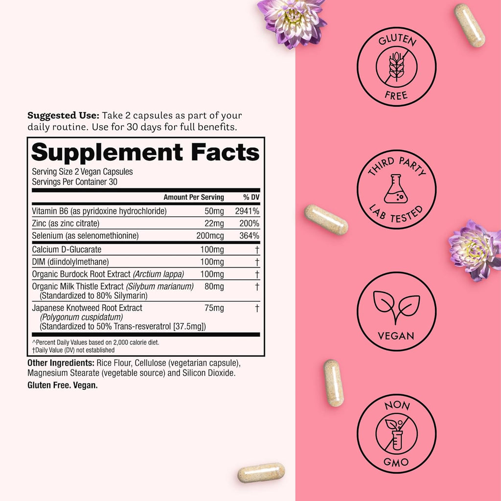 Winged Wellness Balance Babe, Hormone Balance & Estrogen Detox Supplement for Women - 100mg DIM & Calcium D-Glucarate & Milk Thistle for PMS Bloating, Cramps, Mood & Hormonal Acne Support, 60 Capsules