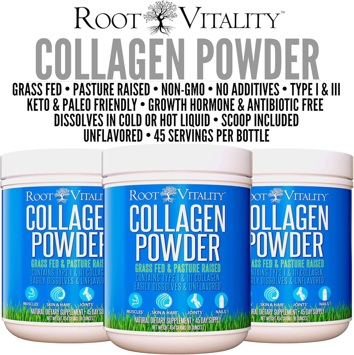 Root Vitality Collagen Peptides Powder - Grass-Fed, Pasture-Raised Hydrolyzed Protein Supplement for Skin, Hair, & Nails - Non-GMO, Zero Sugar Daily Supplement for Men & Women (45 Servings)