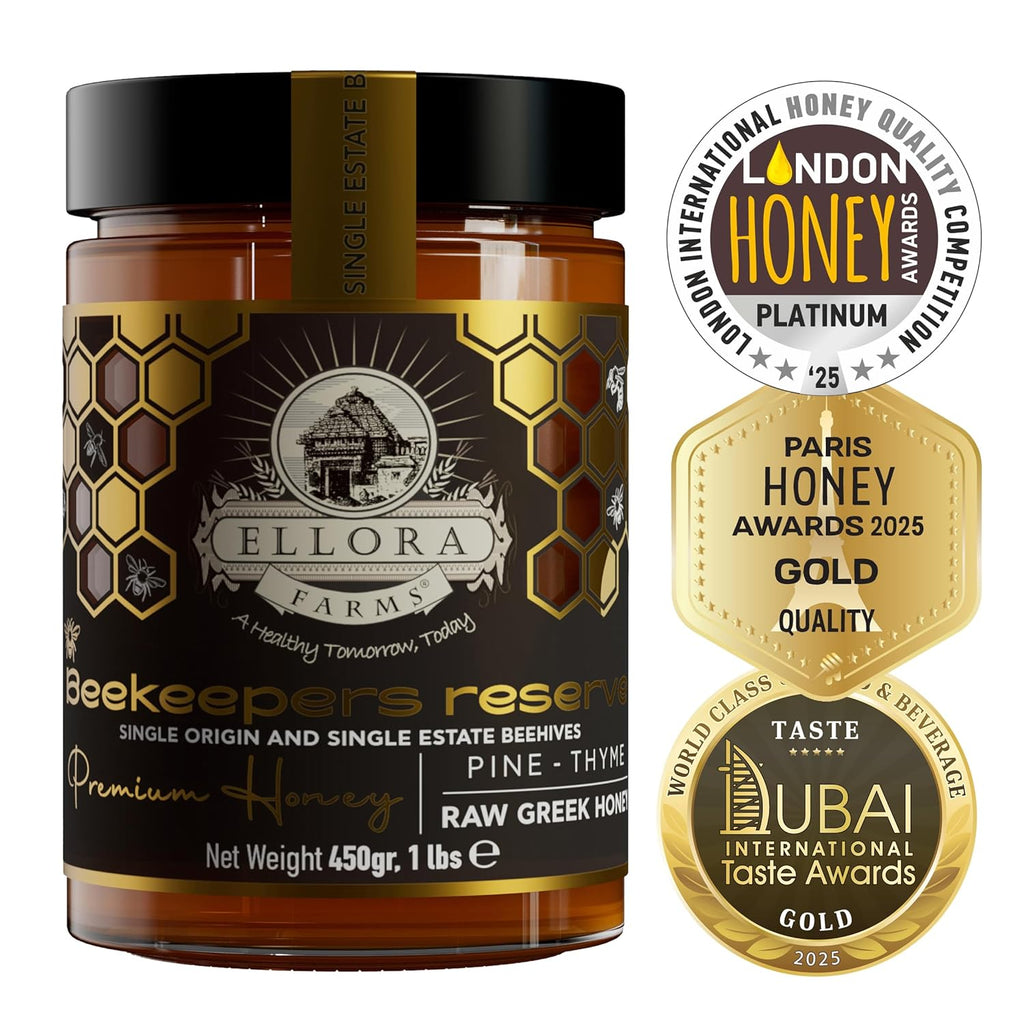 Ellora Farms Greek Honey Single Estate PDO, Pine & Thyme Raw Honey Unfiltered, Beekeepers Reserve, Pure Raw & Unfiltered Cold-Pressed, Gluten Free - 450 g