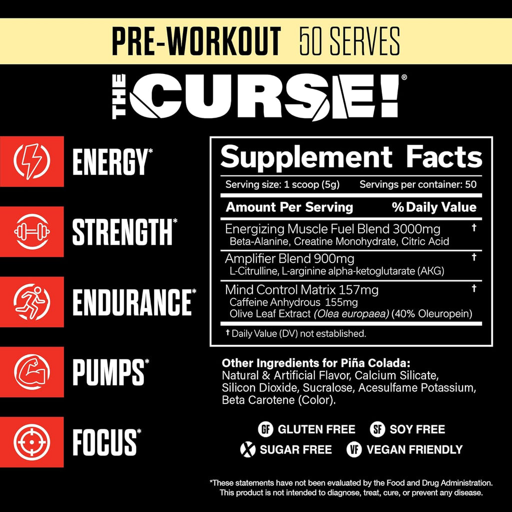 JNX SPORTS The Curse! Pre Workout Powder for Men & Women, Caffeine, Beta-Alanine, Creatine, L-Citrulline, 50 Servings, Pina Colada Flavor – Boost Energy, Strength & Focus