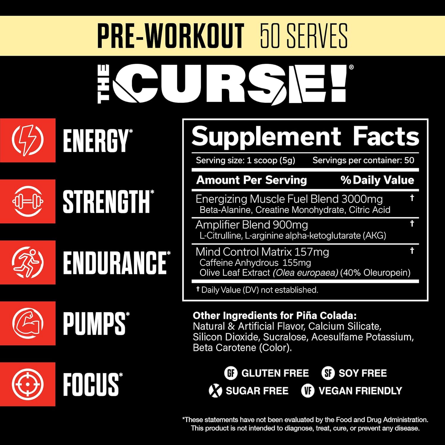 JNX SPORTS The Curse! Pre Workout Powder for Men & Women, Caffeine, Beta-Alanine, Creatine, L-Citrulline, 50 Servings, Pina Colada Flavor – Boost Energy, Strength & Focus