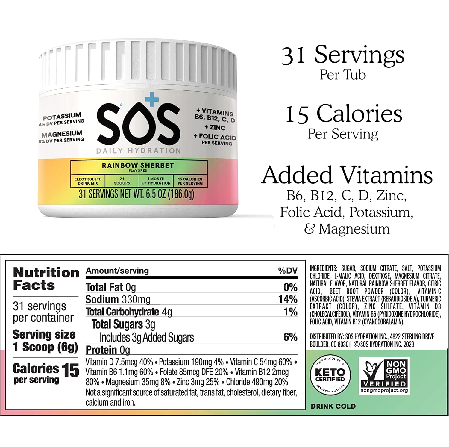 SOS Hydration ORS Electrolyte Powder Stick Packs | Oral Rehydration Solution | Low Sugar | Rapid Rehydration | Made in USA | Keto | Rainbow Sherbet | 31 Servings