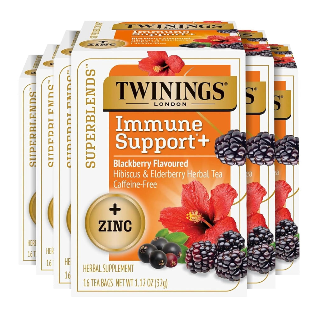 Twinings Superblends Immune Support+ Zinc Blackberry Flavoured Hibiscus, Elderberry Herbal, Naturally Caffeine-Free, 16 Tea Bags (Pack of 6), Enjoy Hot or Iced, 96 Teabags