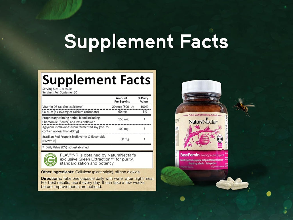NaturaNectar - EaseFemin Menopausal Support Supplements for Women - Estrogen-Free Red Bee Propolis Capsules for Hot Flashes & Night Sweats - Natural and with Proprietary Calming Herbal Blend (30pcs.)