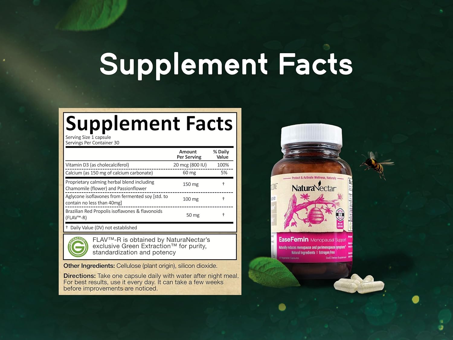 NaturaNectar - EaseFemin Menopausal Support Supplements for Women - Estrogen-Free Red Bee Propolis Capsules for Hot Flashes & Night Sweats - Natural and with Proprietary Calming Herbal Blend (30pcs.)