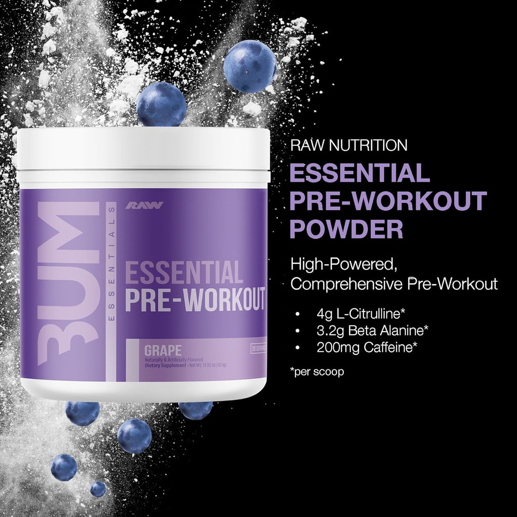 RAW Essential Pre-Workout Powder (Grape) - Chris Bumstead Sports Nutrition Supplement for Men & Women - Preworkout Energy Powder with Caffeine, L-Citrulline, L-Tyrosine, & Beta Alanine Blend