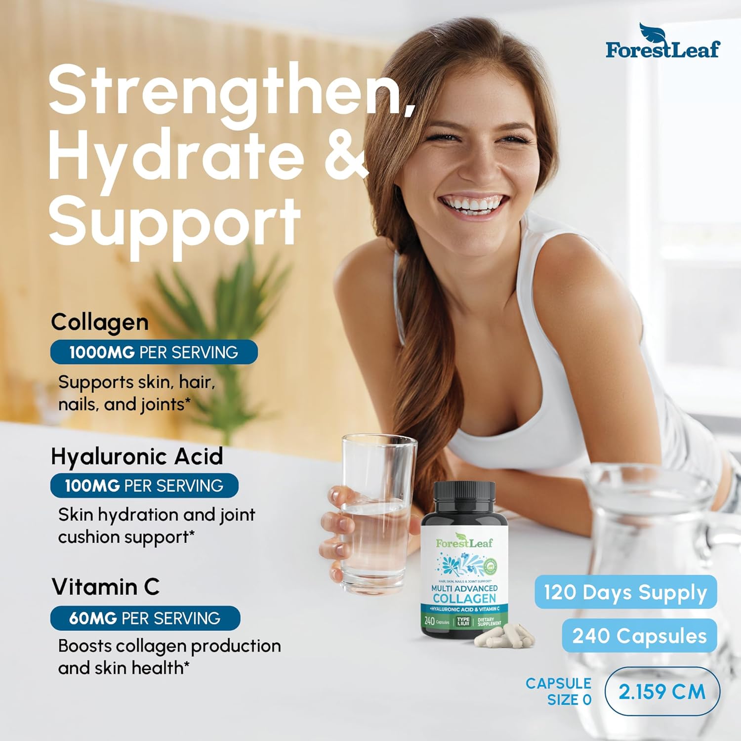 ForestLeaf Multi Collagen Pills - Collagen Men & Collagen Women - Hydrolyzed Collagen Supplements with Vitamin C & Hyaluronic Acid - Collagen Capsules for Hair, Skin & Nails (240 Peptide Capsules)
