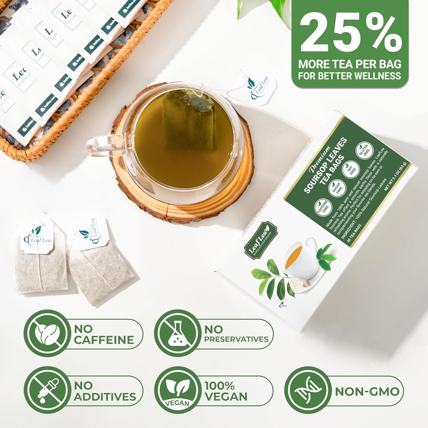 LeafLea 80 Soursop Leaf Tea Bags, from Natural Soursop Leaves (Graviola), Herbal Blend for Wellness, Sour Sop Herbal Tea Individually Wrapped for Freshness, Caffeine-Free, Vegan, No Sugar, Non-GMO