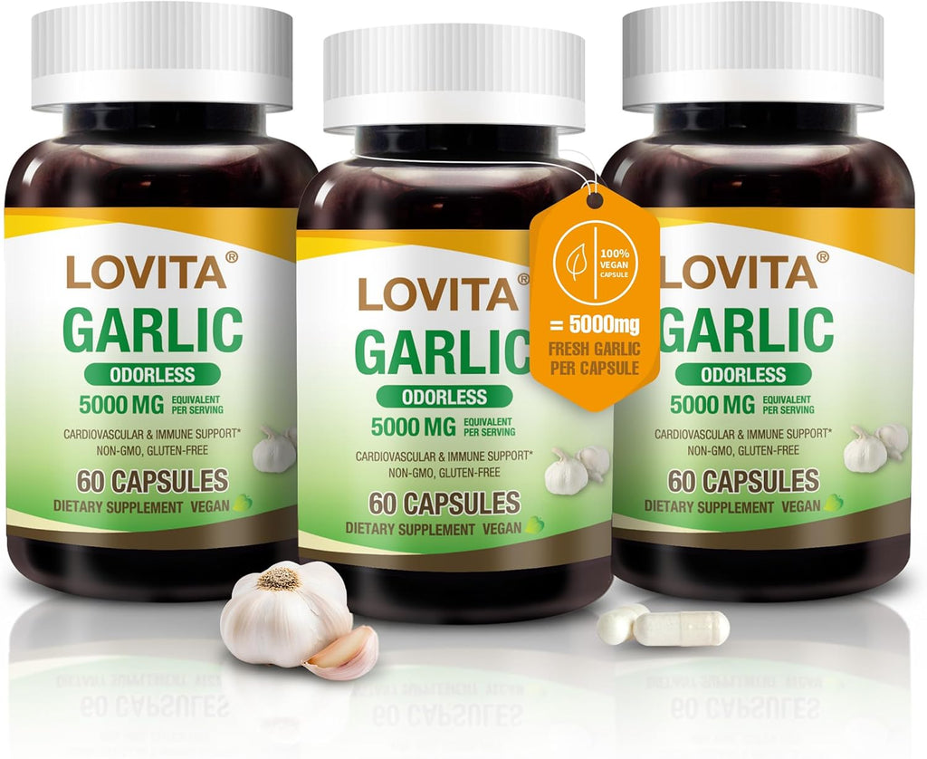 LOVITA Odorless Garlic Extract, 5000mg Fresh Garlic Equivalent, Standardized to 1.25% Allicin, Supports Heart, Blood Pressure, Cholesterol & Immune System, Non-GMO, Gluten-Free, 180 Vegan Capsules