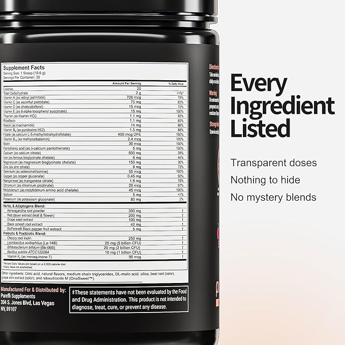 Women’s 45+ All-in-One Multivitamin Powder, 33 Ingredients, Menopausal Well-Being Support, Probiotics for Digestive Support, Mixed Berry, 30 Servings