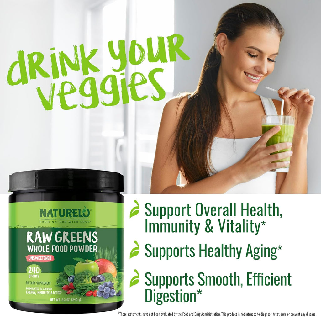 NATURELO Raw Greens Superfood Powder - Unsweetened - Boost Energy, Detox, Enhance Health - Organic Spirulina - Wheat Grass - Whole Food Nutrition from Fruits & Vegetables - 240 Grams