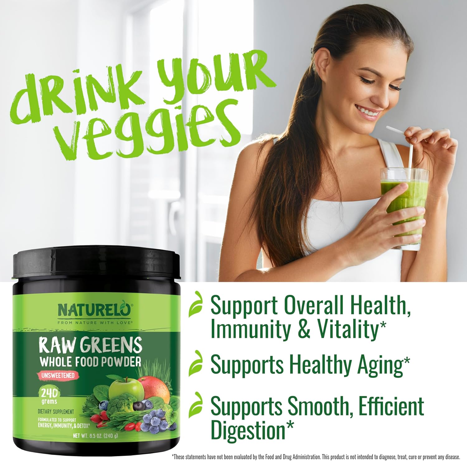 NATURELO Raw Greens Superfood Powder - Unsweetened - Boost Energy, Detox, Enhance Health - Organic Spirulina - Wheat Grass - Whole Food Nutrition from Fruits & Vegetables - 240 Grams