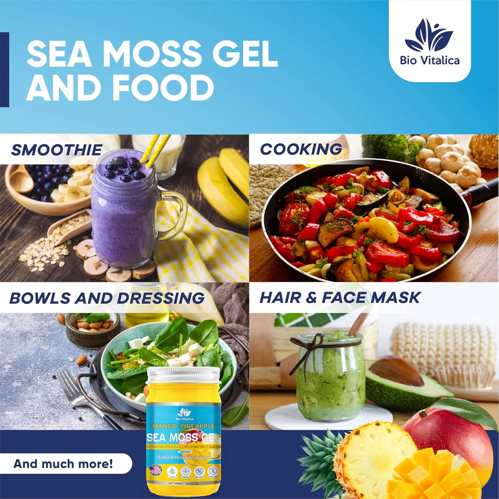 Sea Moss Gel by BioVitalica - Irish sea Moss raw Organic - Premium Quality - Dr Sebi, Vegan superfood for Cells - 100% Natural Seamoss Gel - (Pack of 1, Mango-Pineapple)