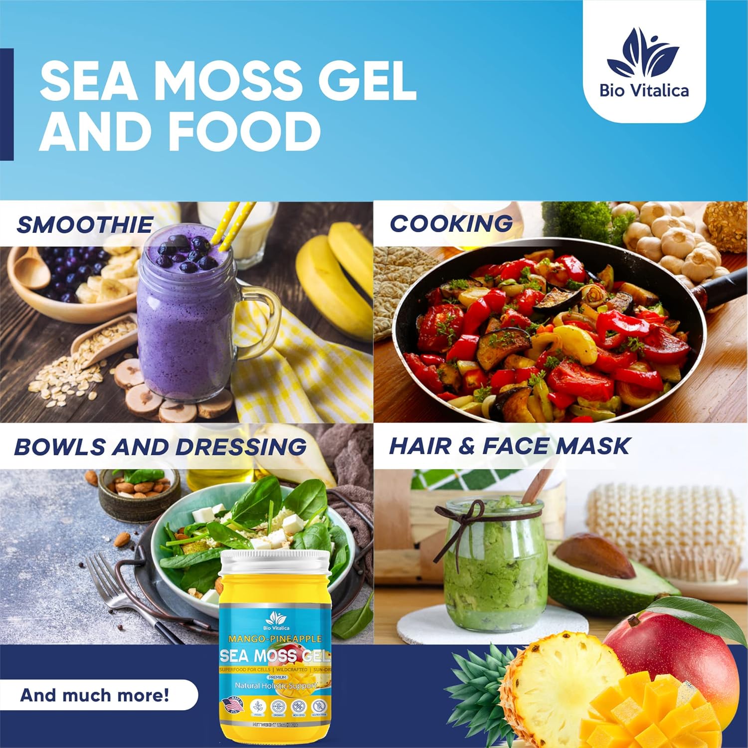Sea Moss Gel by BioVitalica - Irish sea Moss raw Organic - Premium Quality - Dr Sebi, Vegan superfood for Cells - 100% Natural Seamoss Gel - (Pack of 1, Mango-Pineapple)