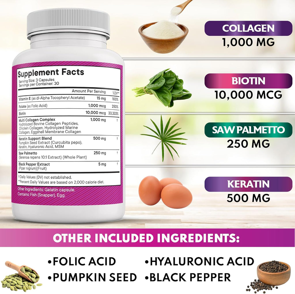 NEW AGE Collagen Pills Biotin Keratin Saw Palmetto Hyaluronic Acid - Hair Skin and Nails Vitamins and DHT Blocker with Vitamin E Folic Acid Pumpkin Seed MSM- 90 Count