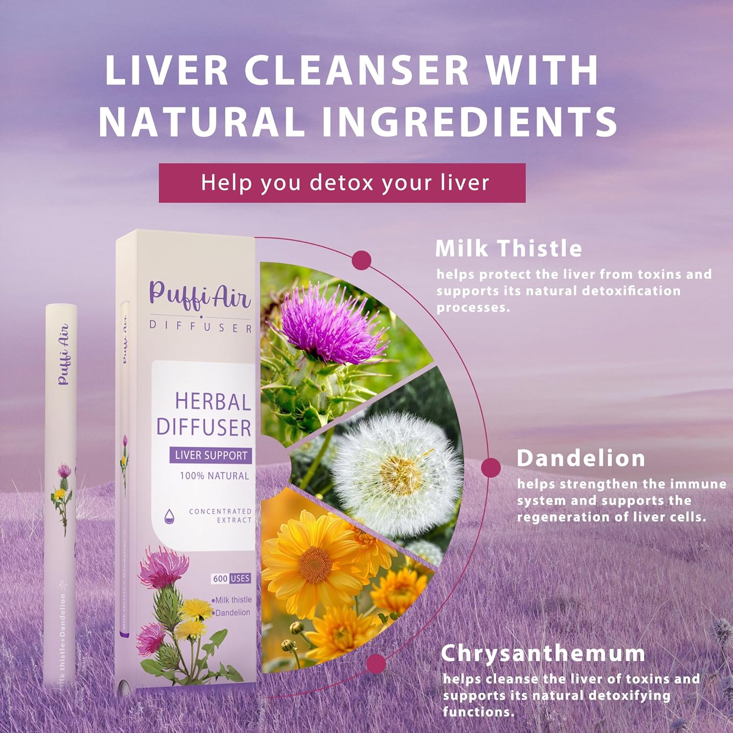 Herbal Diffuser Trio with Mullein, Milk Thistle, Lavender & More 丨Urban Wellness Trilogy for Lung Defense, Liver Balance & Nerve Relief - 600 Uses Per Stick