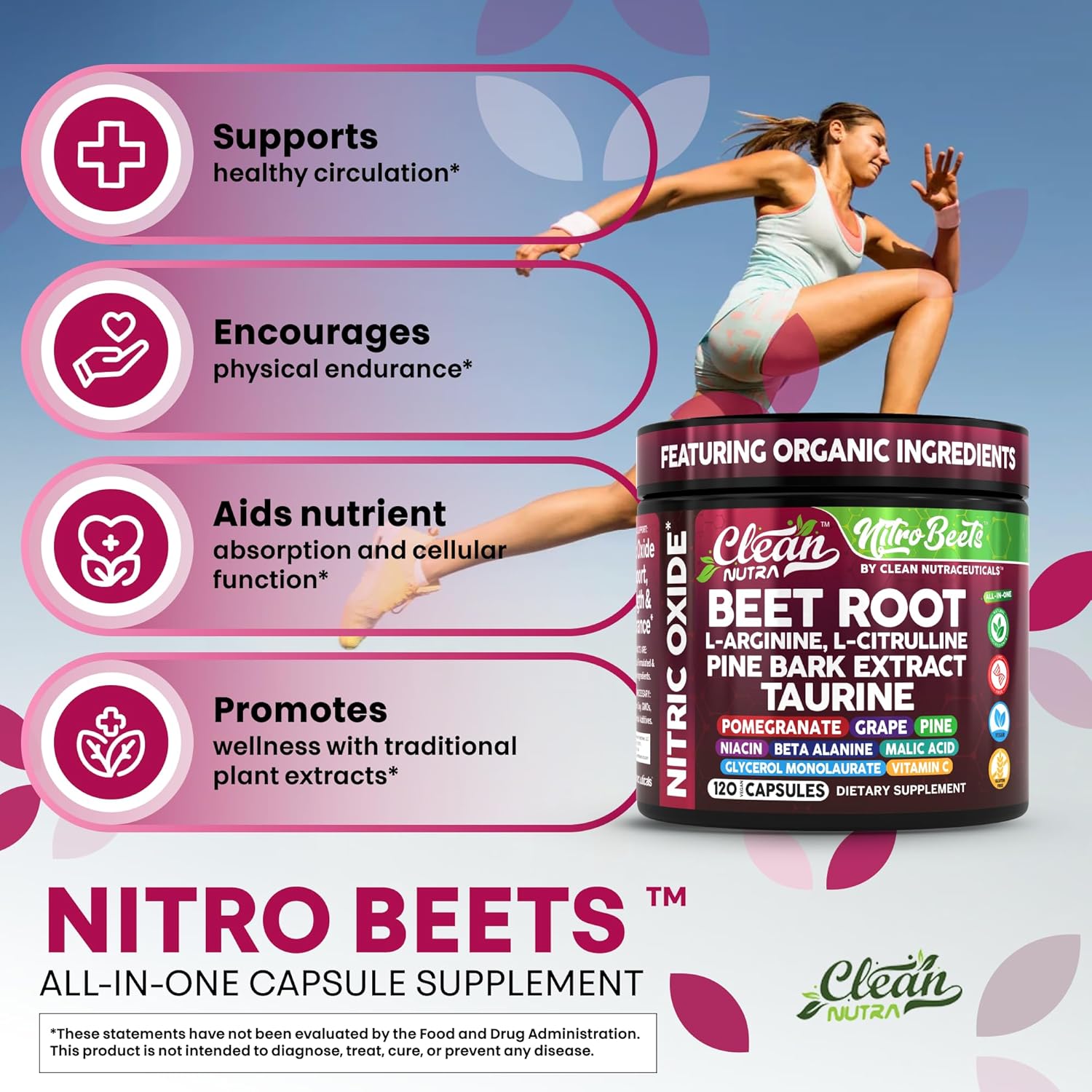 Clean Nutra Organic Beet Root Capsules L Arginine L Citrulline Pine Bark Nitric Oxide Beetroot Powder Arginine Citrulline Supplement Pre Workout Supplements Extract – 120 Vegan Pills