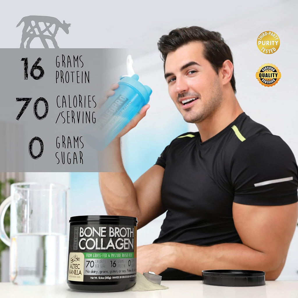 PaleoPro Bone Broth Collagen Protein Powder - Turmeric Root Grass-Fed Collagen Powder for Skin & Bones - Gluten Free, No Sugar, Soy, Grains, Net Carbs - Paleo & Keto Friendly 20 Servings Ancient Cacao