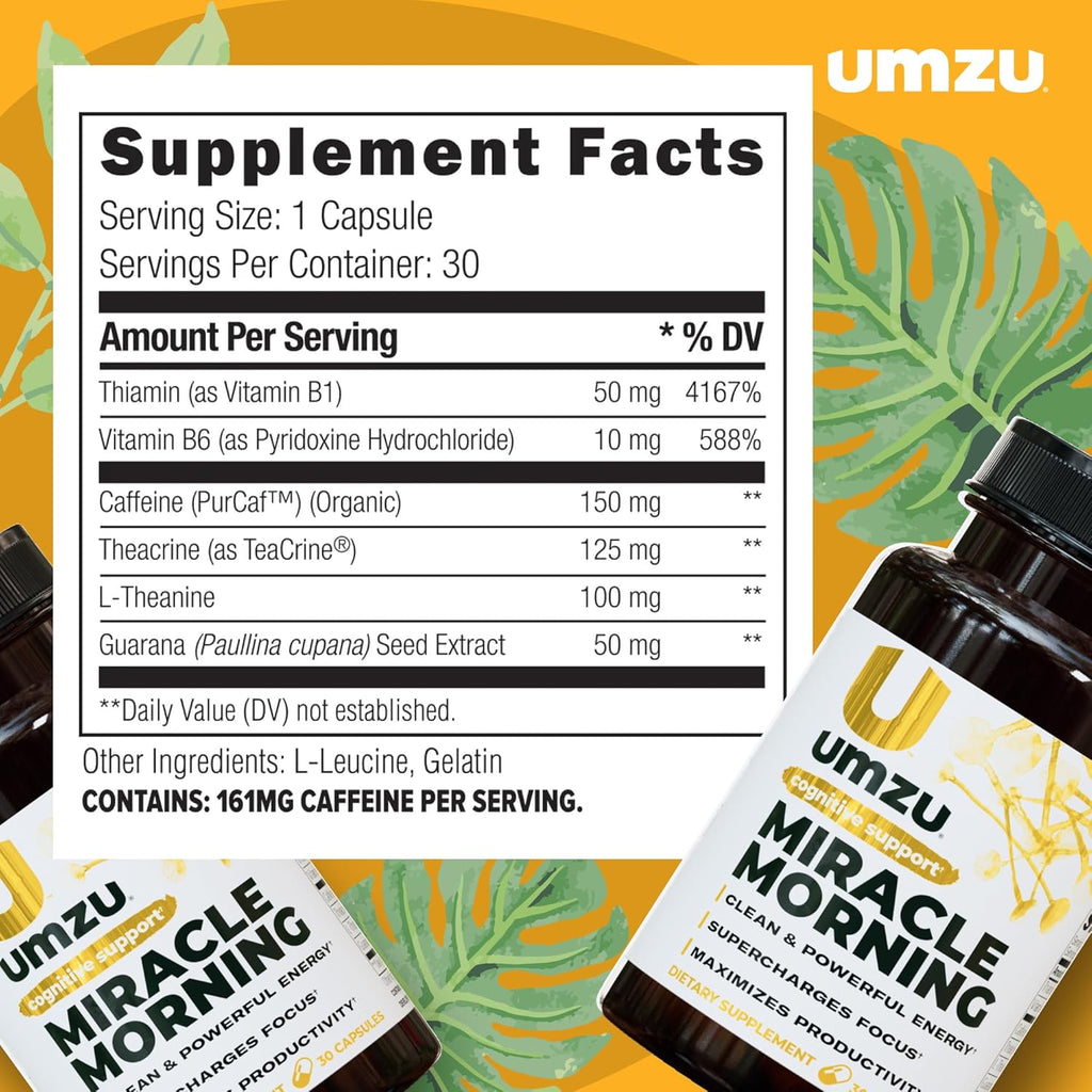 UMZU Miracle Morning Energy Supplement with Caffeine & Energy Enhancers | 150mg of Caffeine Supports All Day Focus, Productivity & Mood (30 Day Supply | 30 Capsules)