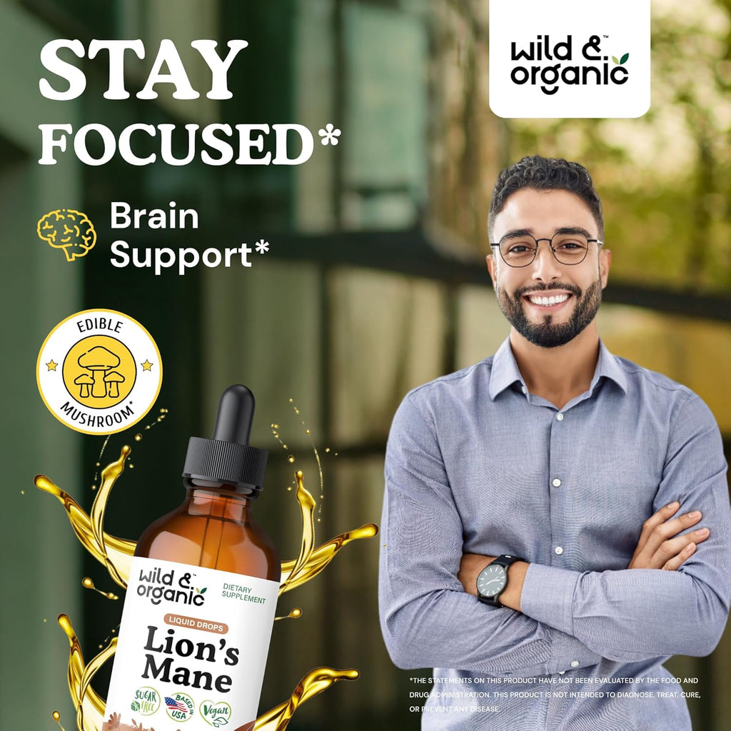 Wild & Organic Lions Mane Liquid Drops - Brain & Focus Support - Lion's Mane Mushroom Supplement - Hericium Erinaceus Mushroom Drops - Vegan, Sugar & Alcohol-Free Extract Tincture - 4 fl oz
