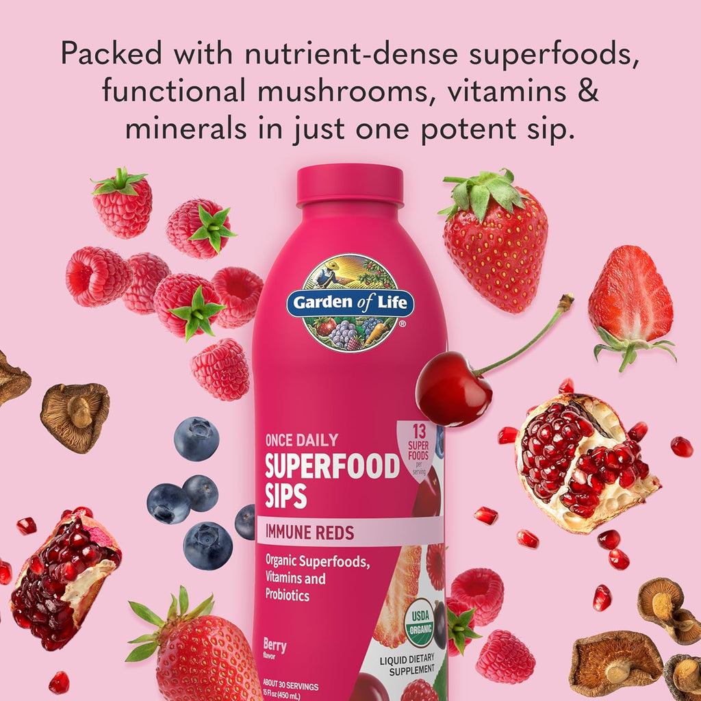 Garden of Life Superfoods Sips, 30 Servings, Vitamins, Probiotics, 13 Organic Superfoods, Functional Mushrooms, Immunity Reds, Once Daily, Organic, Vegan, Preservative-Free, Berry Flavor