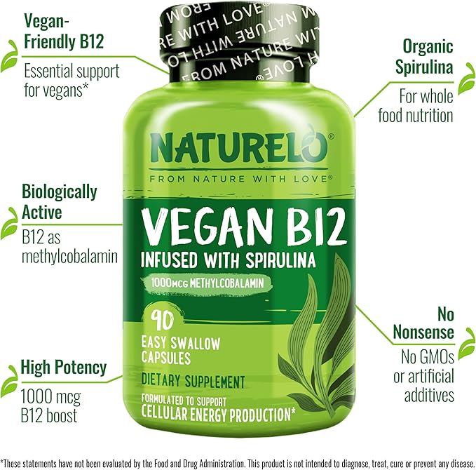 NATURELO Vegan B12 - Methyl B12 with Organic Spirulina - 90 Capsules and Magnesium Glycinate Chelate Complex - 120 Capsules Bundle