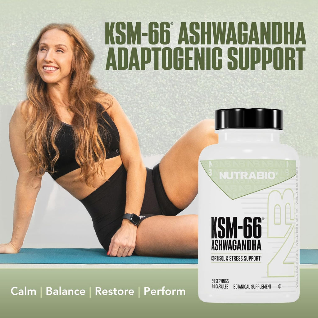 NutraBio Ashwagandha KSM-66 | Ashwaganda Herbal Supplement for Stress, Mood, & Performance | 600 MG of Clinically Studied KSM66 90 Capsules