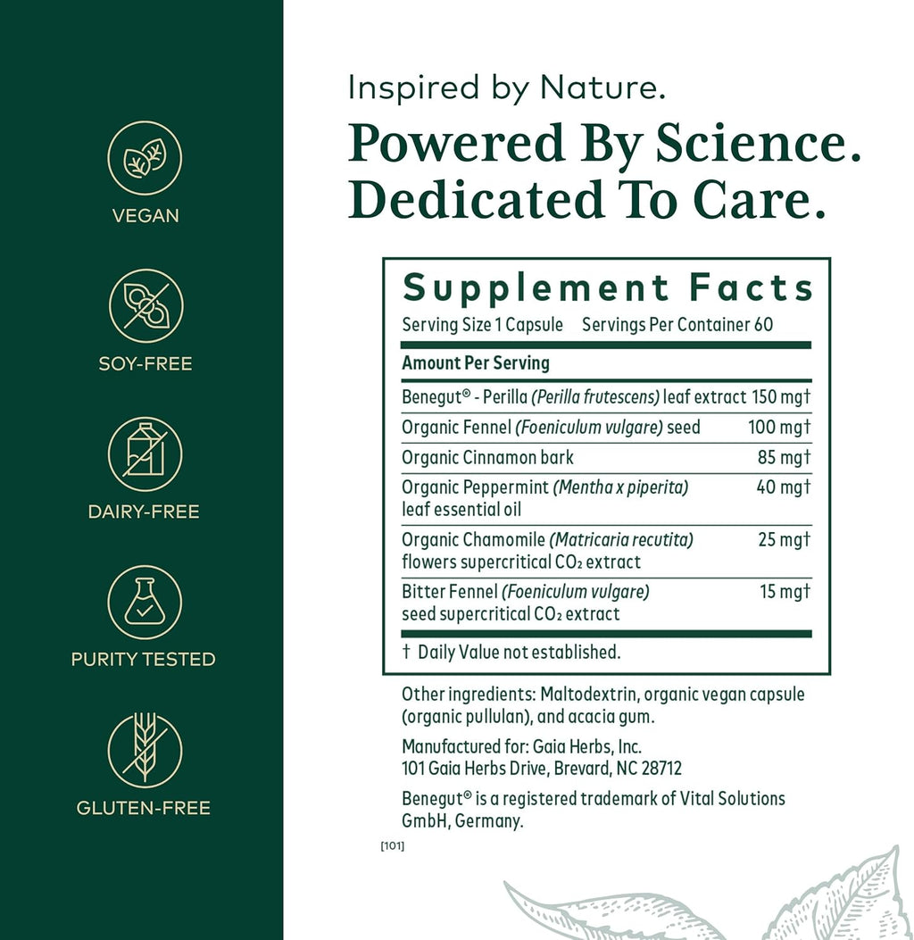 GAIA HERBS PRO GI-BFF Digestive Health Support Supplement - GI Health Supplement with Organic Fennel & Cinnamon Bark - Benegut for Occasional Gas & Bloating* - 60 Capsules (60 Servings)
