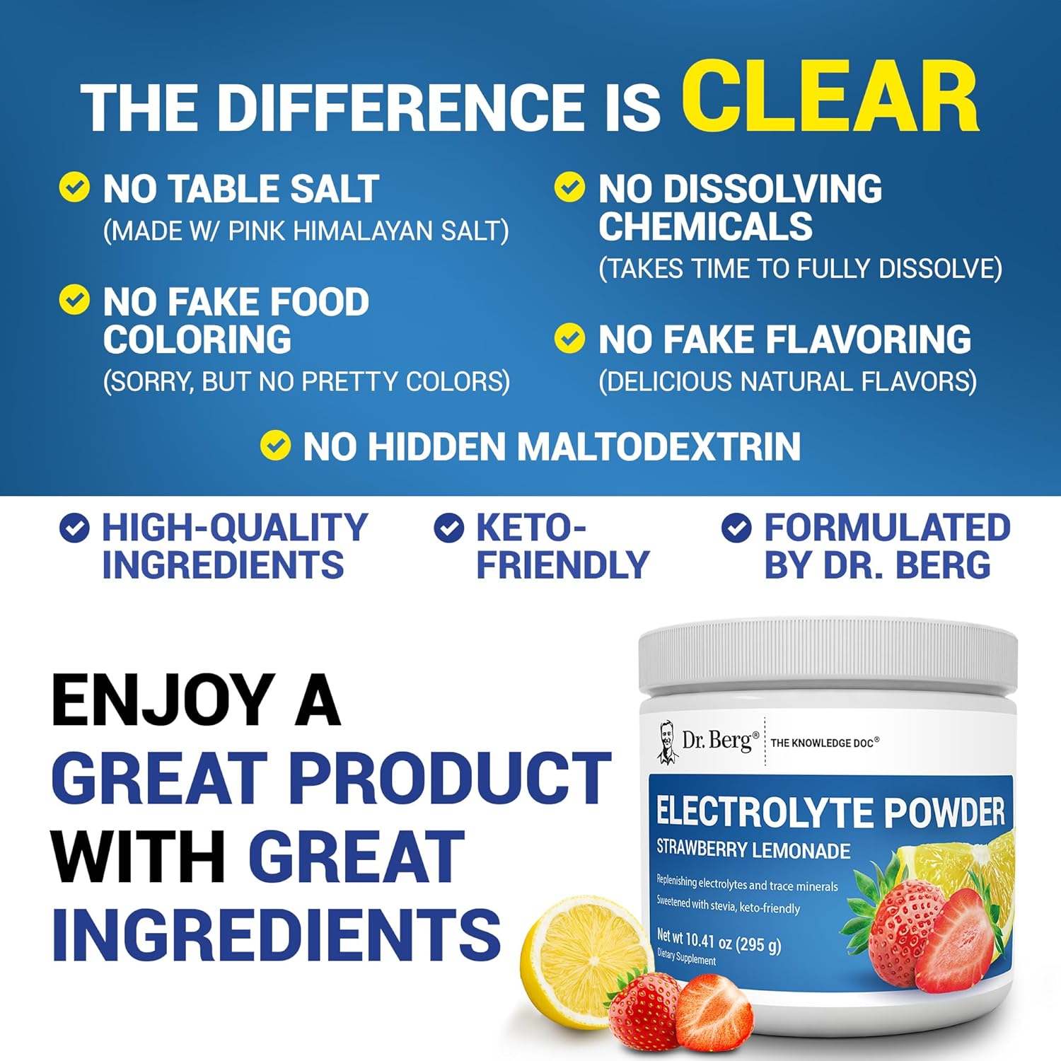 Dr. Berg Zero Sugar Hydration Keto Electrolyte Powder - Enhanced w/ 1000 mg of Potassium & Real Pink Himalayan Salt (NOT Table Salt) - Strawberry Lemonade Hydration Drink Supplement - 50 Servings