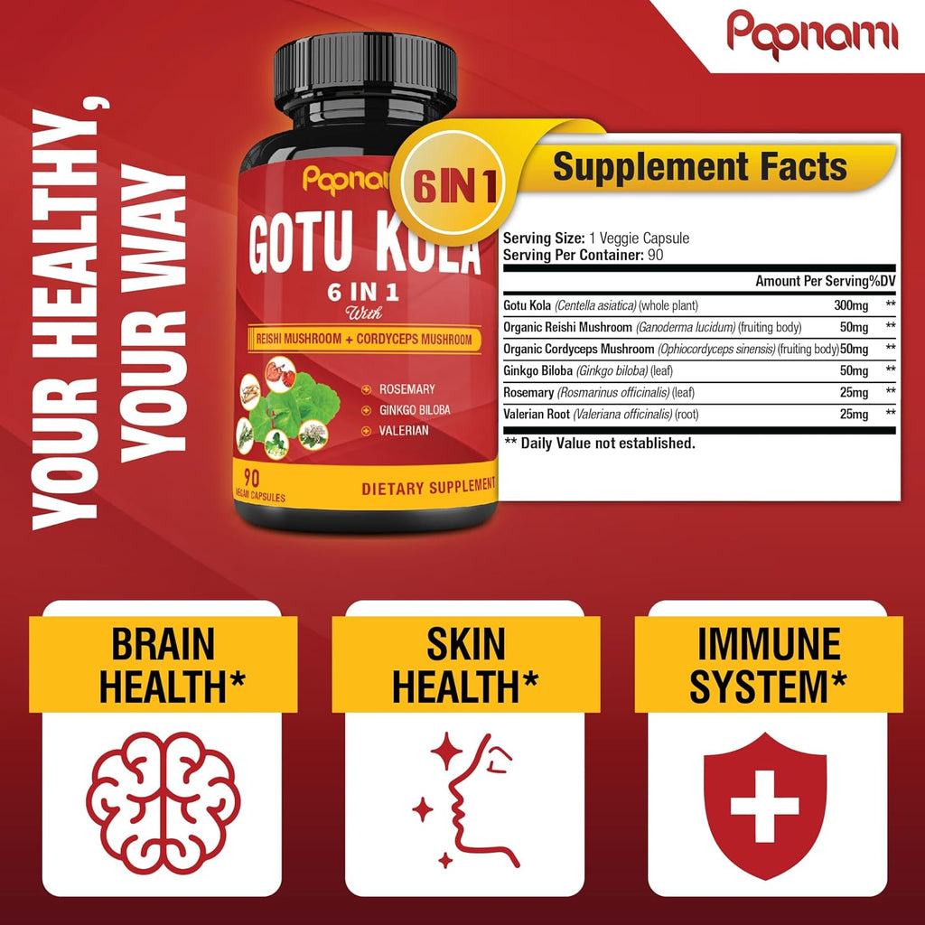 Organic Gotu Kola Extract Capsules with Reishi, Cordyceps, Rosemary, Gingko Biloba & Valerian Root - 90 Counts for 3 Months - Supports Brain, Immunity, Skin & Heart Health