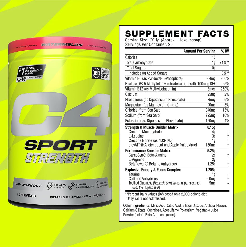 Cellucor C4 Sport Strength Pre Workout Powder - NSF Certified for Sport - Beta-Alanine, Creatine, 200mg Caffeine - Sugar Free Energy Supplement for Men & Women - Watermelon, 20 Servings