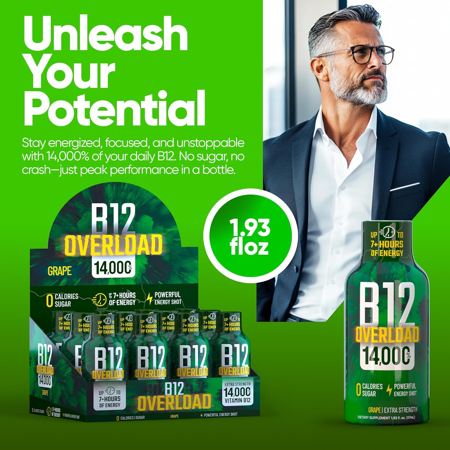B12 Overload Extra Strength Energy Shot – Grape – 260mg Caffeine, 14000% B12, Electrolytes – Energy & Vitality Support – Zero Sugar No Calories – Vegan, Kosher, Gluten-Free – 1.93 fl oz, 48-Pack