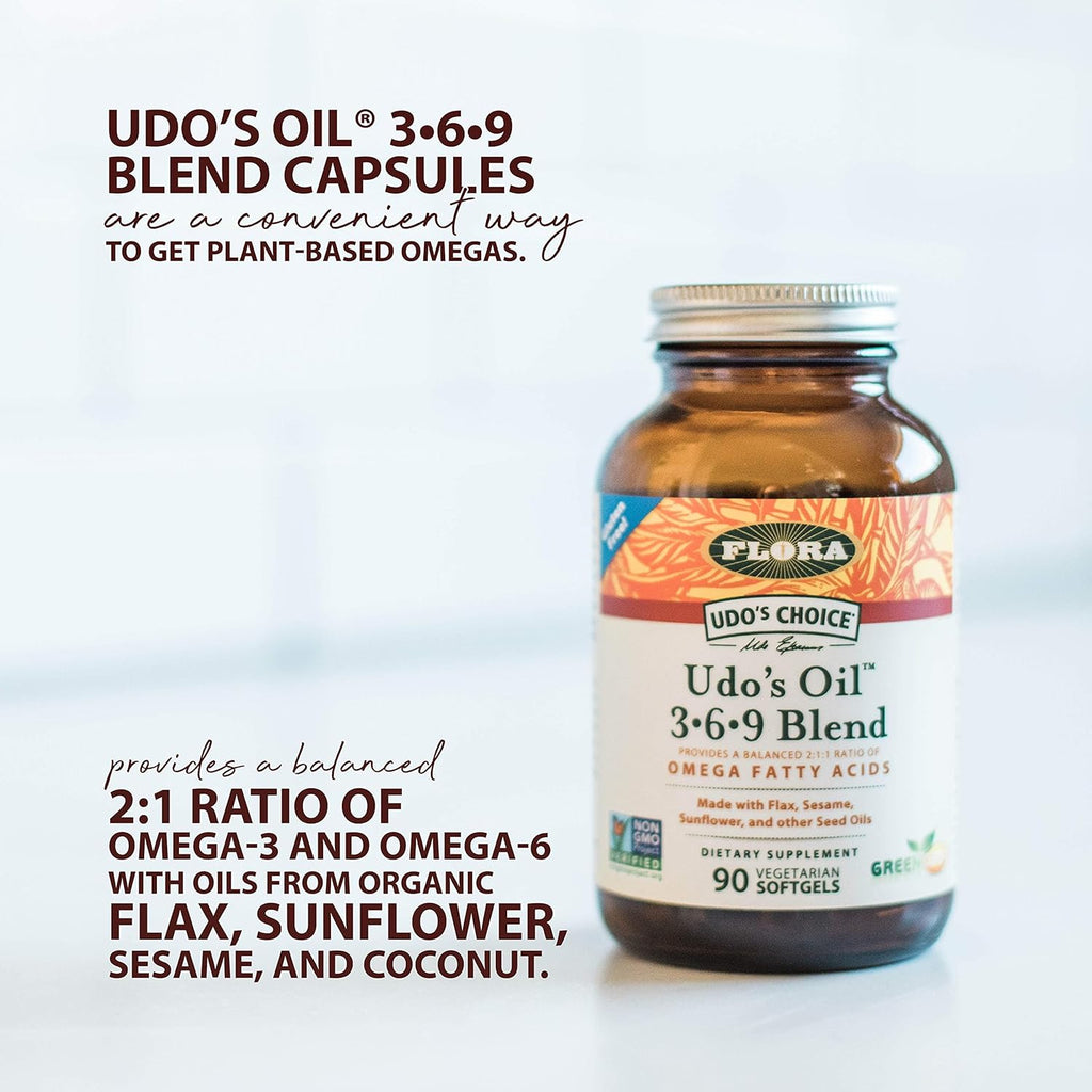 Flora Udo's Oil 3-6-9 Blend - Contains Organic Coconut, Flax Seed Oil & More - 180 Vegetarian Softgels