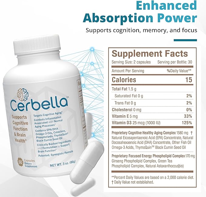 Cerbella® Advanced Brain Nootropic Wellness Supplement for Memory, Focus, & Cognitive Health – Neurologist Recommended - Omega-3 DHA/EPA, Green Tea Catechins, Phospholipids & ThymoQuin® (60 Capsules)