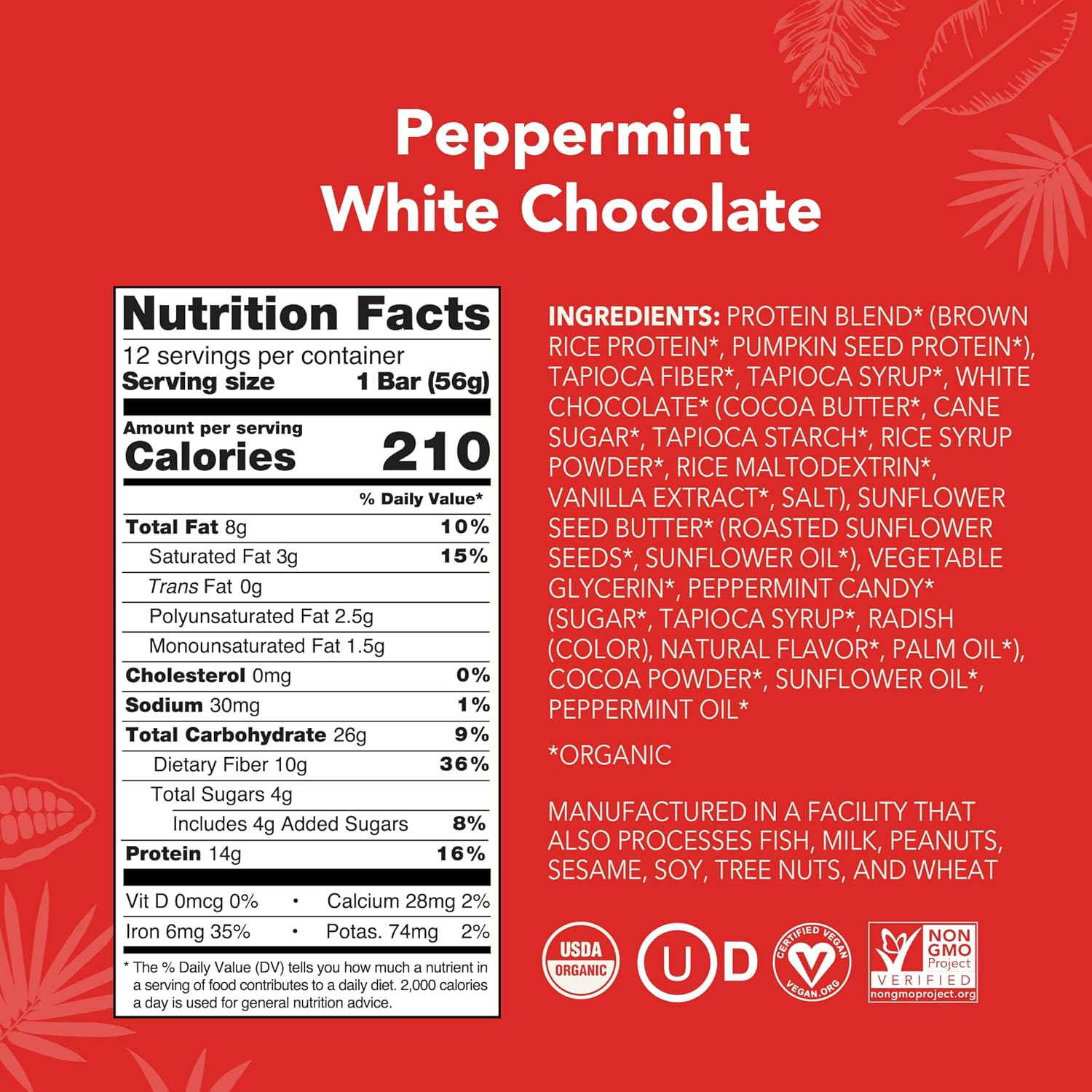 ALOHA Organic Plant Based Protein Bars - Peppermint White Chocolate, Vegan, Low Sugar, Gluten-Free, Paleo, Low Carb, Non-GMO, No Stevia, No Erythritol - LIMITED EDITION, 12 Count (Pack of 1)
