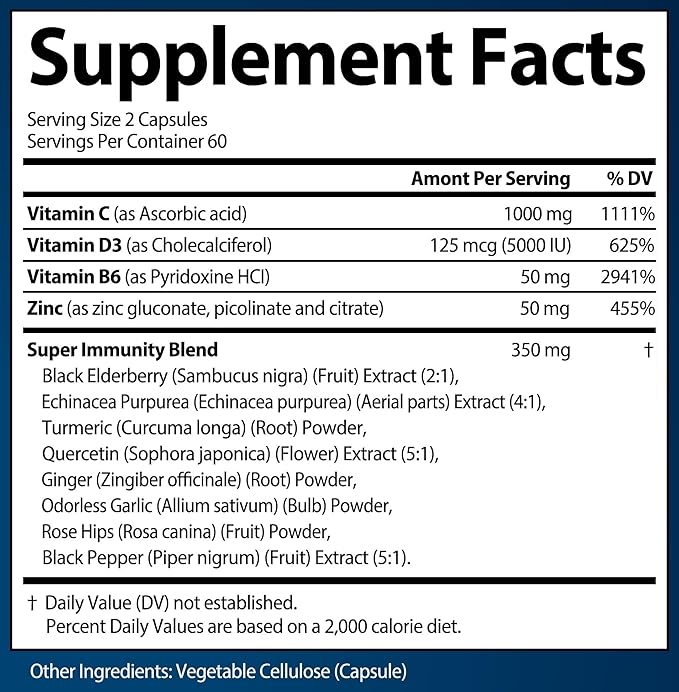 Immune Support Supplement 12 in 1 Complex with Vitamin C, D3, Zinc, Echinacea, Elderberry, Ginger, Turmeric. Immune Defend for Men & Women, Non-GMO, Gluten-Free, Vegan, USA (120 Capsules)