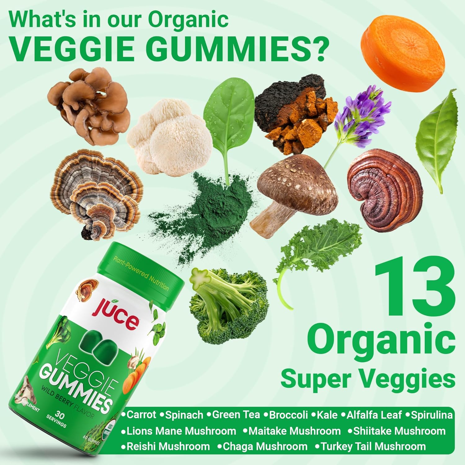 Juce Veggie Whole Superfood Gummies, Wild Berry Flavor - Plant-Based Energy, Vegan, Non-GMO, Soy Free, Nutrient-Packed, By Terra Kai Organics