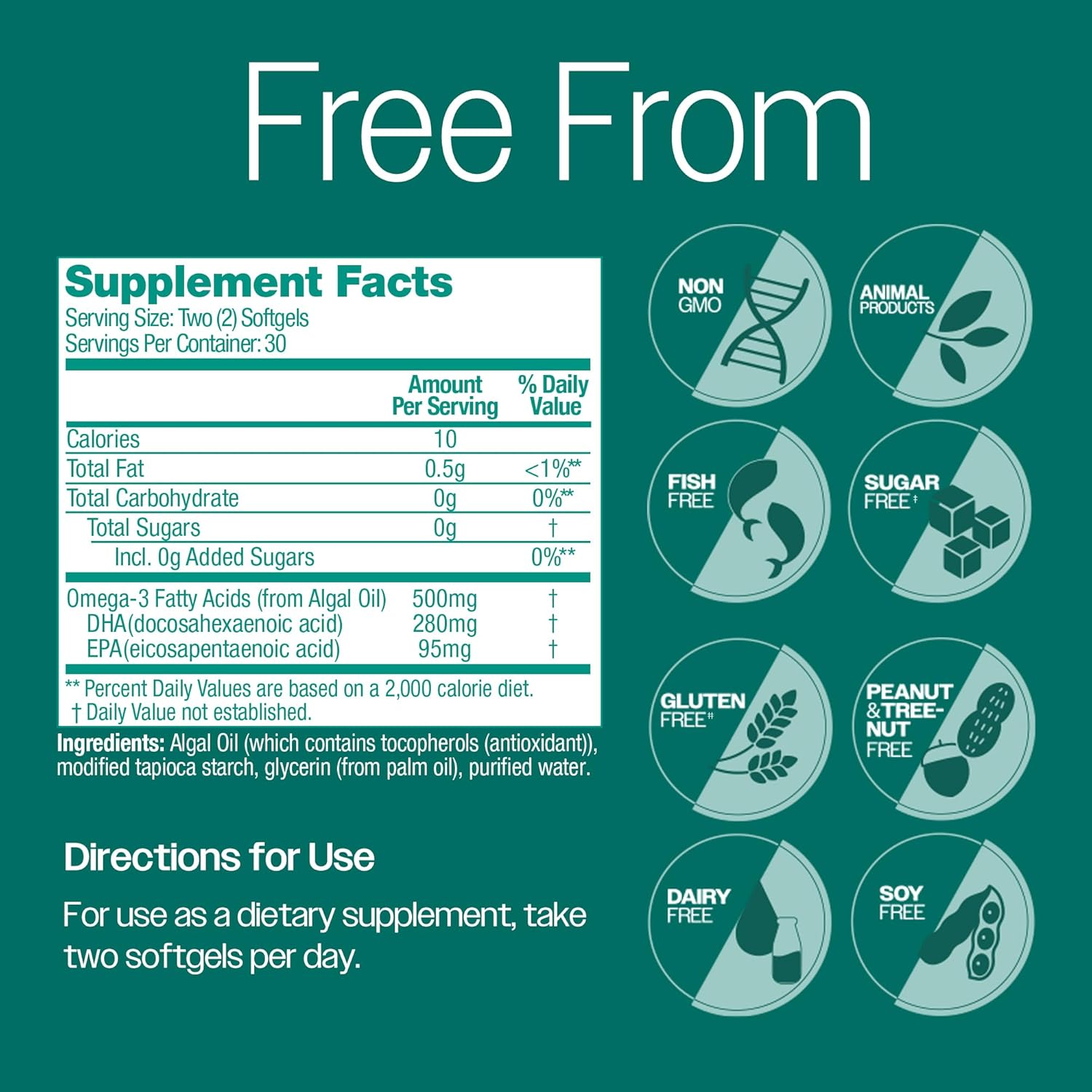 OVEGA-3 Plant-Based Omega-3 from Algal Oil Daily Supplement, 500mg, Supports Brain, Eye & Heart Health, Two Mini softgels per Day, 60 Count (Pack of 2)