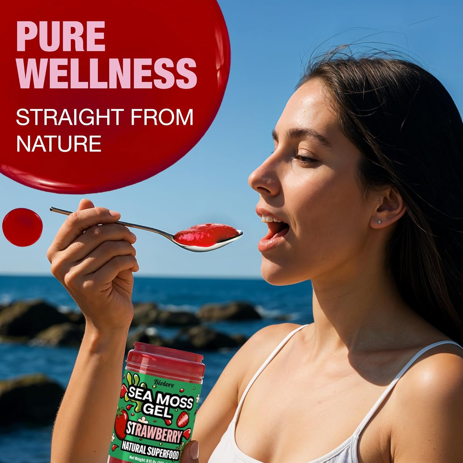Biolore Strawberry Sea Moss Gel Made in USA Raw Wildcrafted Irish Seamoss, Essential Vitamins, Trace Minerals, Vegan Superfood, Trial Size 8 Fl Oz (Pack of 1)
