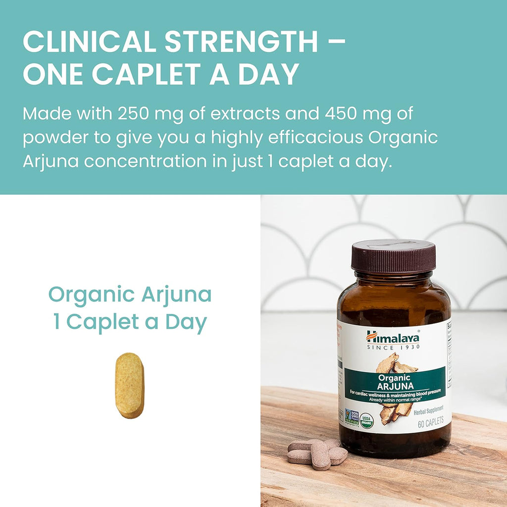 Himalaya Organic Arjuna Herbal Supplement, Cardiovascular Support, Blood Pressure Maintenance, Heart Health, USDA Certified Organic, Non-GMO, Vegan, 700 mg, 60 Plant-Based Caplets, 60 Day Supply