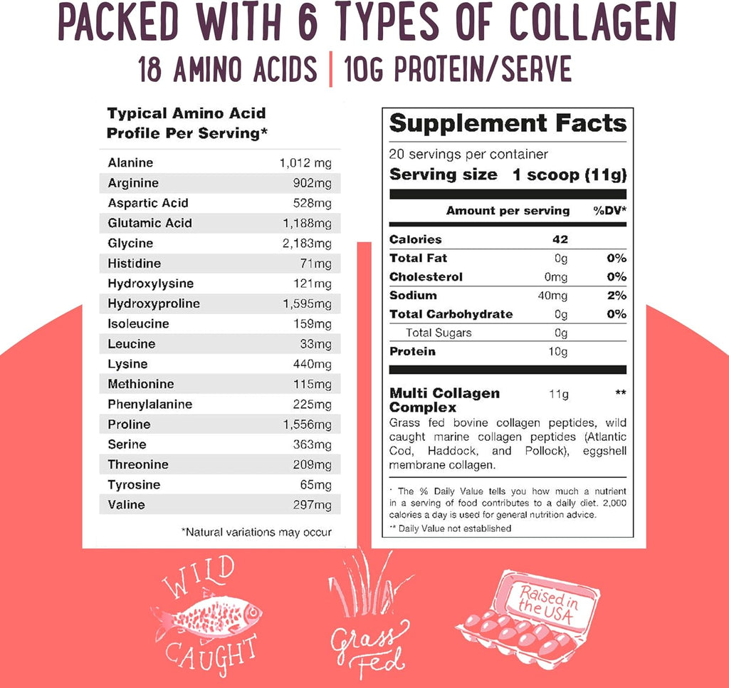 Multi Collagen Protein Powder Type 1, 2, 3, 4, 5, 10 - Unflavored & Hydrolyzed - Pure Collagen Peptides Powder - Grass Fed Beef, Wild Fish Marine & USA Eggshell - 20 Servings
