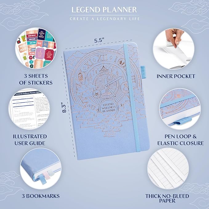 Legend Wellness Planner & Food Journal – Daily Diet & Health Journal with Weight Loss, Measurement & Exercise Trackers – Lifestyle & Nutrition Diary – Lasts 6 Months, A5 size – Periwinkle