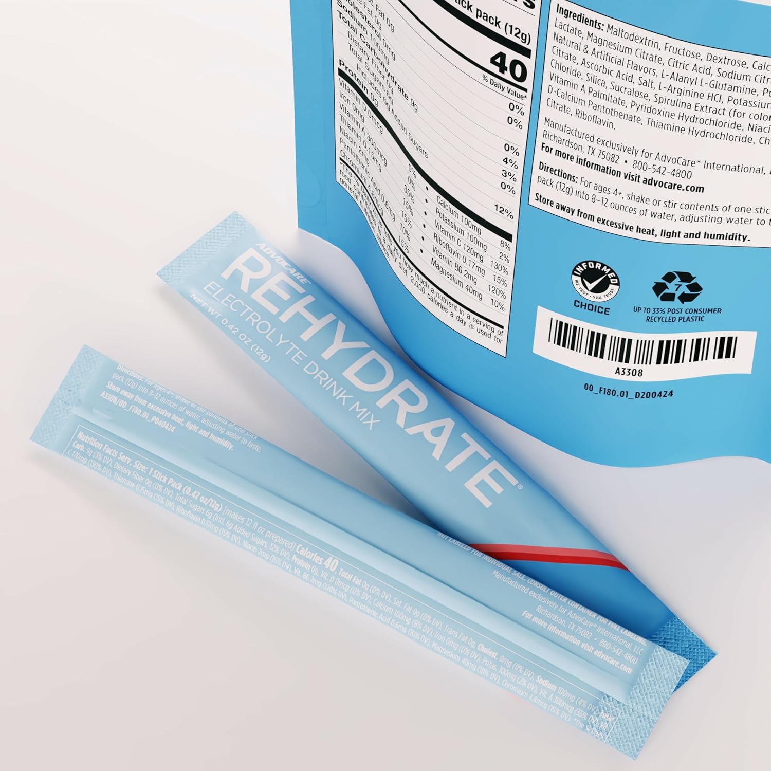 AdvoCare Rehydrate - Electrolyte Drink Mix - Includes Magnesium, Sodium, Potassium & Calcium - Antioxidant & Amino Acid Fortified - Hydration & Recovery - Berry Lemon Ice, 15 Stick Packs (6.3 oz)